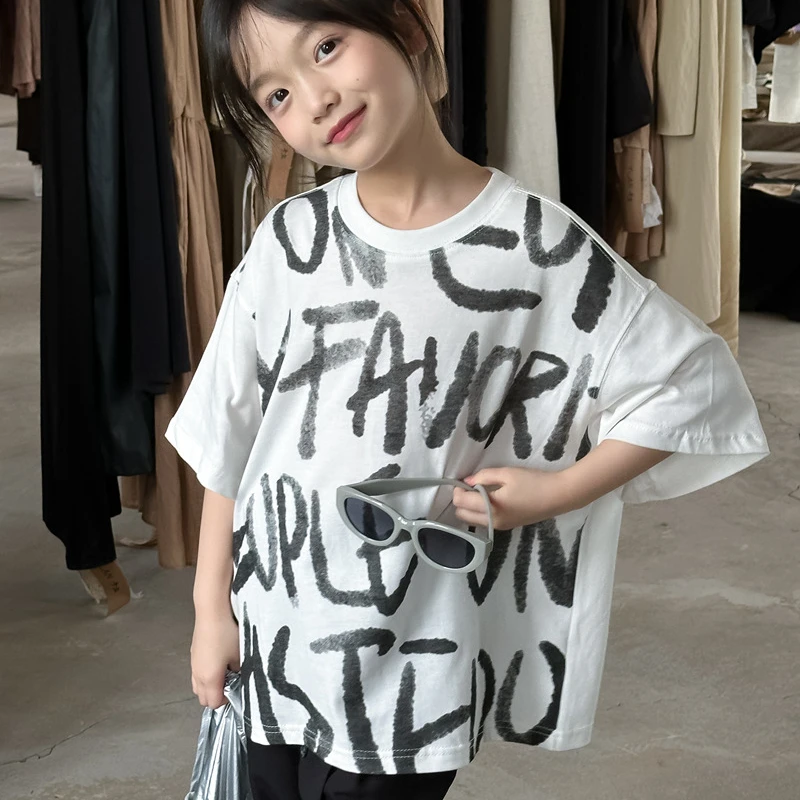 Cute Boy Girl Korean T-Shirt 2024 Autumn New Loose Short Sleeve Top Knitted Printing Comfortable Cotton Tide