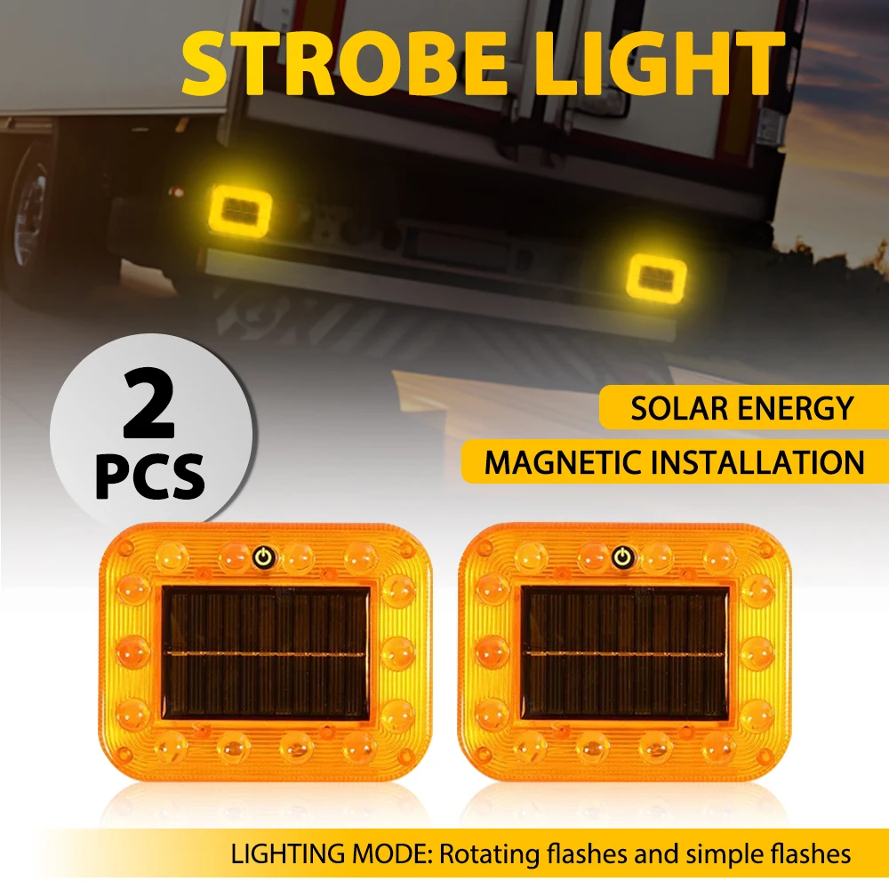 2Pcs Solar LED Magnetic Warning Light Amber Strobe Flashing Lights Rotating Flashes & Simple Flashes For Truck Trailer Tractor