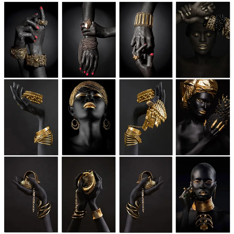 African Women Classic Black Gold Gestures Posters and Prints Female Portraits Canvas Painting Wall Art Pictures for Home Decor