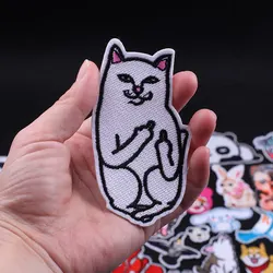 Oeteldonk Cartoon Middle Finger White Cat Patches for Clothing Iron on Embroidered Patch Punk Motif Applique Stickers on Clothes