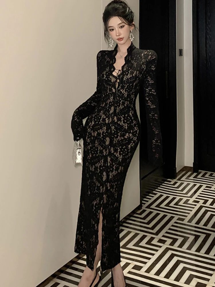

Autumn Winter Black Lace Jacquard V-Neck Sexy Long Dress Women Vintage Hepburn Luxury Evening Dress 2025 Korean Bodycon Vestidos