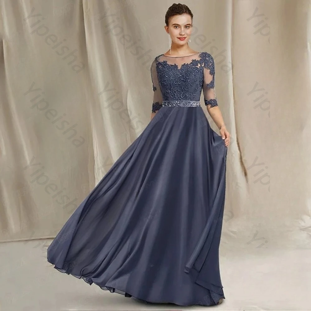 

High Quality Customized Evening Dresses for Mother Of The Bride Chiffon Applique Half Sleeve Floor Length Scoop Neck Plus Size