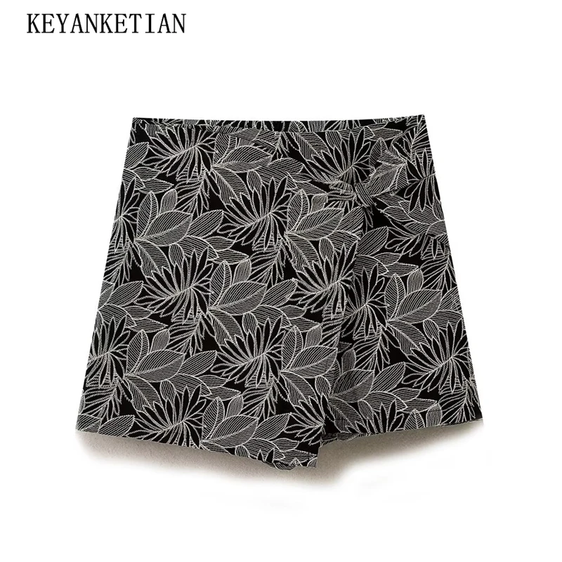 

KEYANKETIAN 2025 летние новые женские украшенные шорты с вышивкой в стиле ретро, асимметричная тонкая юбка на молнии с высокой талией