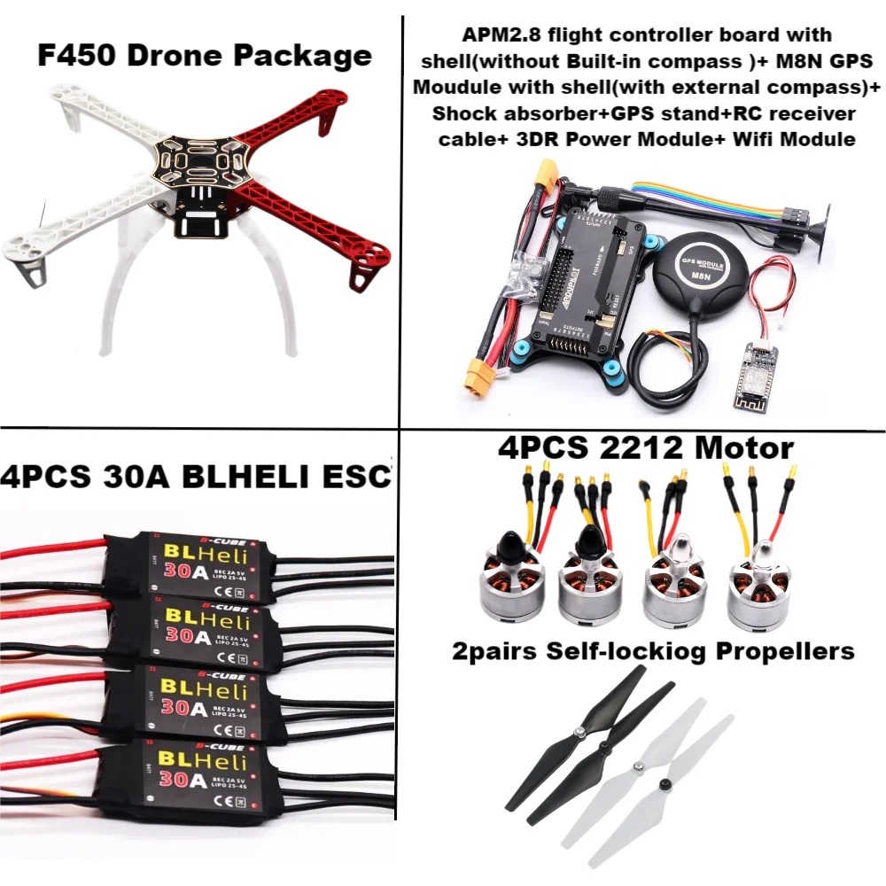 Kit Drone F450 avec Cadre 450 pour Contrôle de Vol APM2.8, Quadrirotor BLHELI, Moteur 30A 2212, ESC, Module Wifi avec Train d'Atterrissage