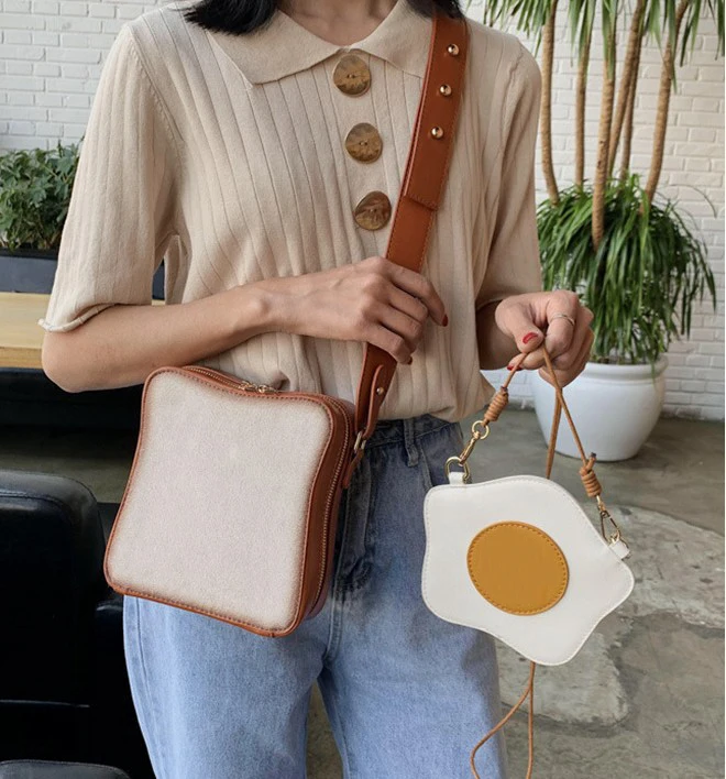 Creative Toast Bread Design Crossbody Bag for Women Novelty Fried Egg Chains Shoulder Bags Funny Cute Small Phone Pureses 2024