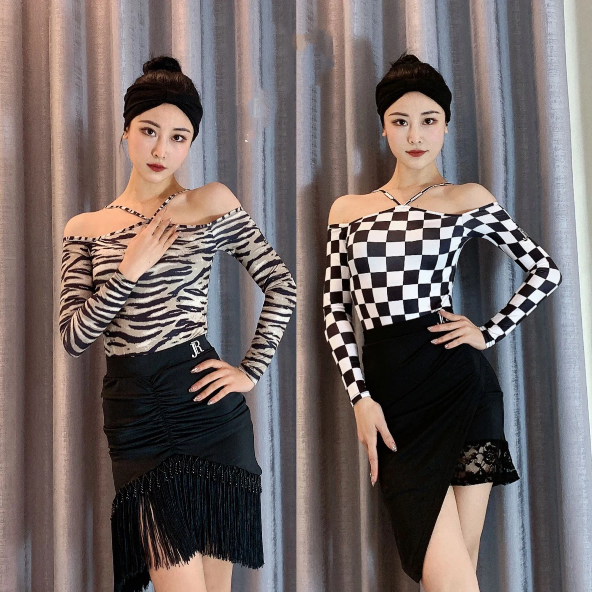 Latin Dance Long Sleeve Off Shoulder Zebra Patterned Checkerboard Top Practice Chacha Rumba Tango Latin Performance Wear DQL9759