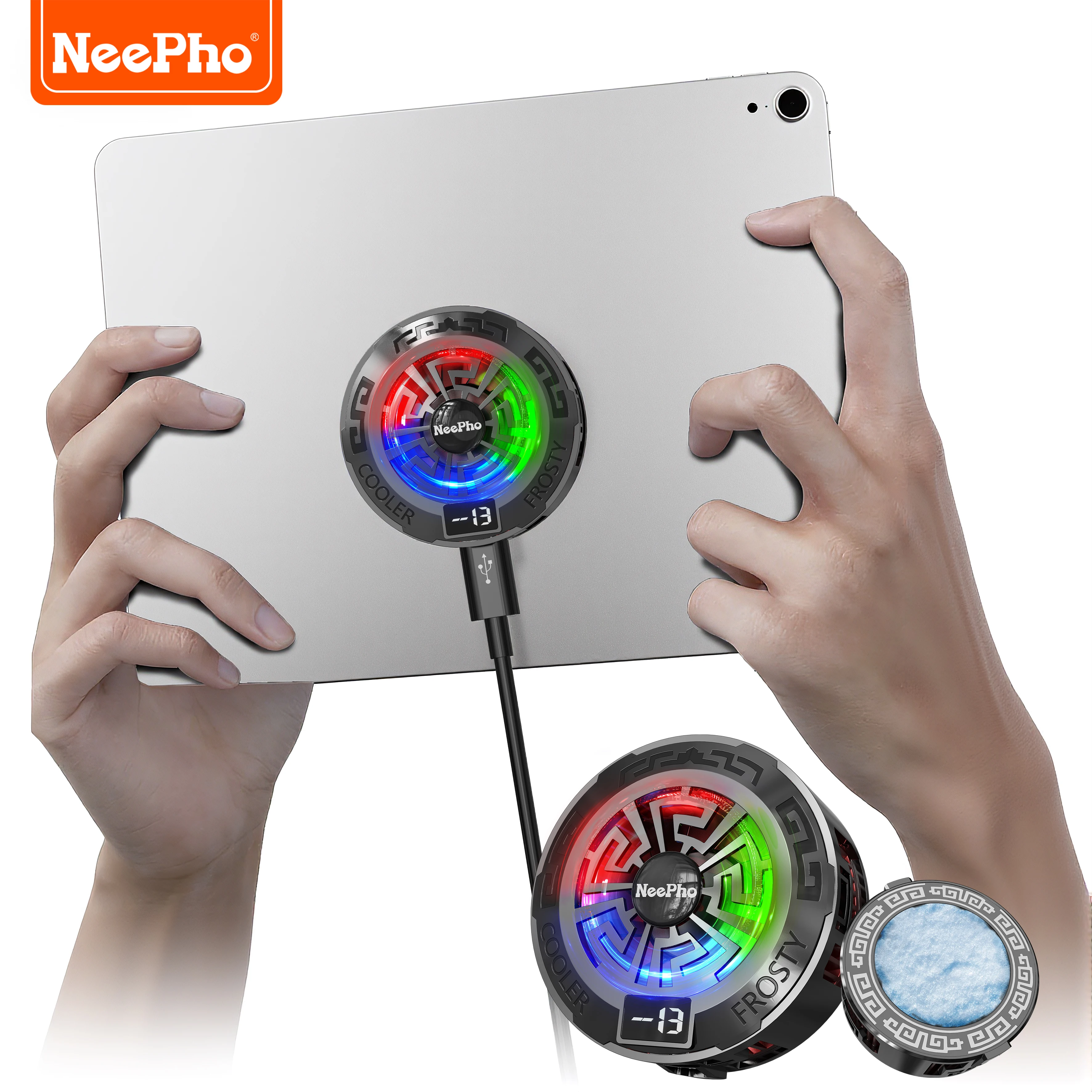

NeePho NP-C02 Semiconductor Phone & Tablet Cooler, Dual-Mode Magnetic/Clip-On, Digital Display with RGB Lighting