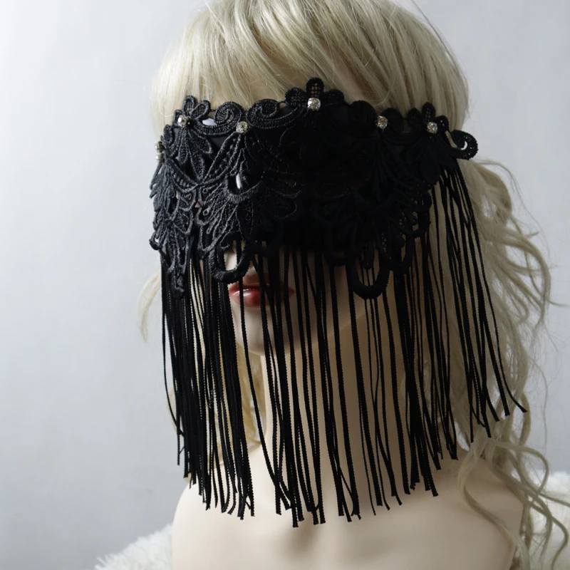 

Female full face tassel singing gothic overlay mask adult makeup ball party mysterious Halloween mask covering face