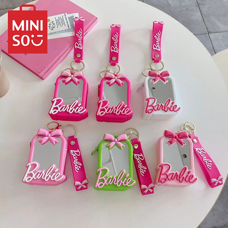 MINISO Pink Barbie Wallet Keychain Portable Silicone Coin Storage Purse Pink Bow Cartoon Cosmetic Mirror Wallets for Women Gifts