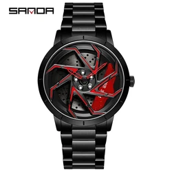 SANDA 1088 Men Quartz Watch Fashion Car Wheel Rotating Dial Wristwatch  Waterproof Stainless Steel Strap Clock for Male Gift