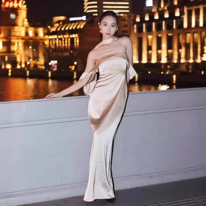 

Элегантное атласное платье из ацетата с открытыми плечами, длинное, с завышенной талией, для дня рождения, подружки невесты, свадьбы, для отеля, для мероприятий в помещении