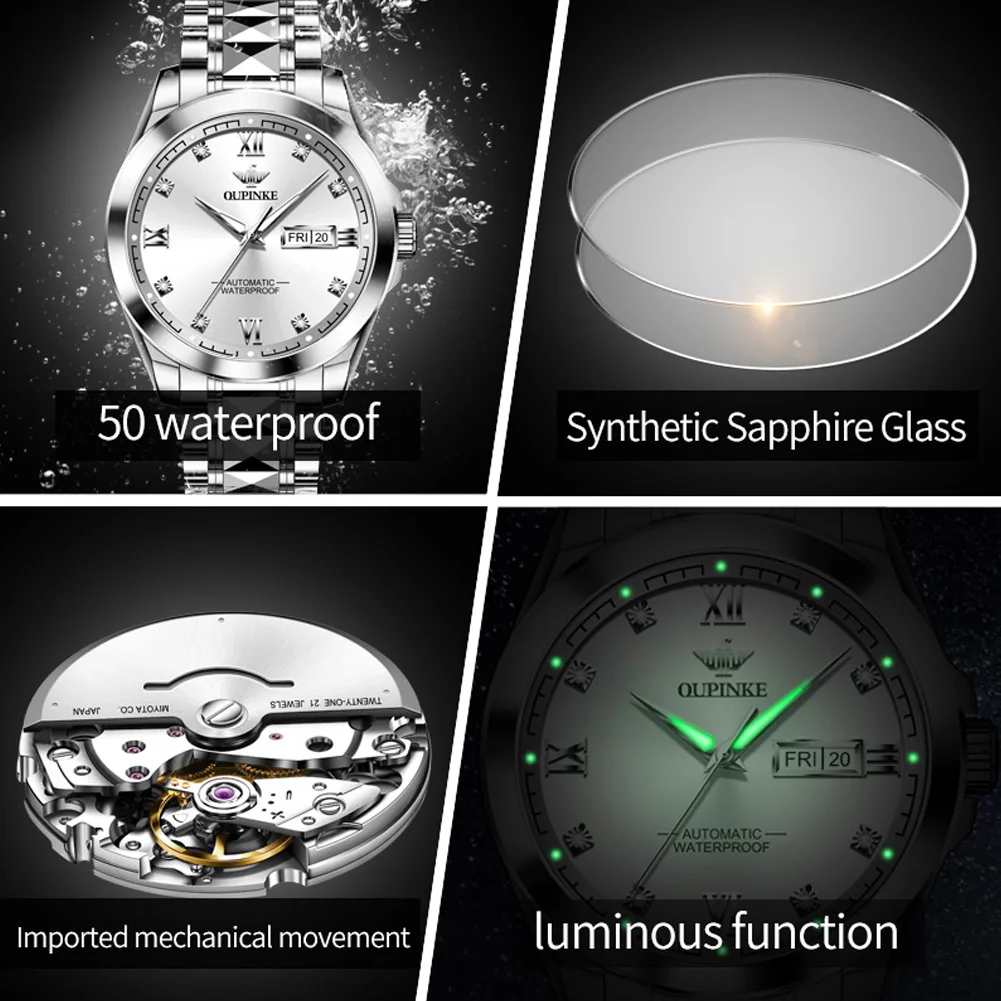 OUPINKE montres pour hommes décontracté mode acier tungstène Original automatique montre mécanique pour homme étanche lumineux Date semaine