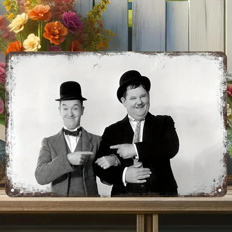 Póster vintage de metal de Laurel y Hardy, decoración retro del hogar para dormitorio, bar, cafetería, decoración de cafetería | Durable
