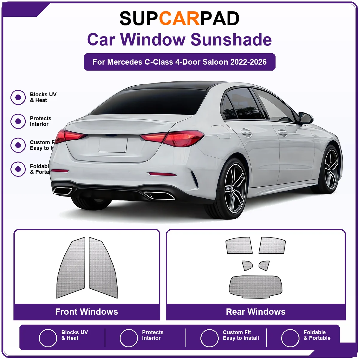 For Mercedes C-Class 4-Door Saloon 2022-2026 Pre‑Cut Auto Window Sunshade Anti‑UV Car Sun Visor Protector