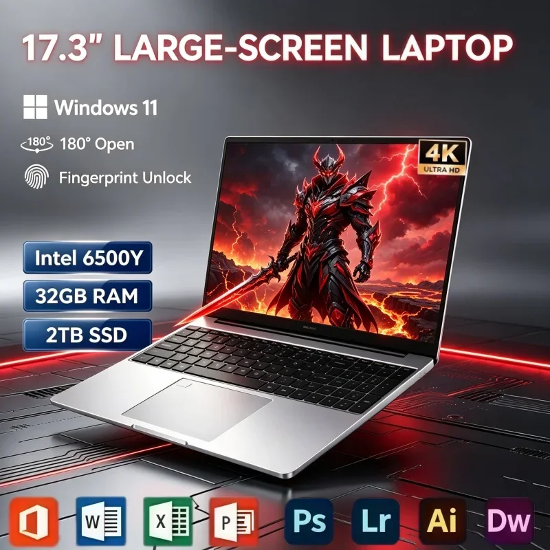 17.3 Inch Big Display Laptop Intel 6500Y Windows 11 32GB RAM 2TB SSD Fingerprint Unlock For Document Processing & Family Use