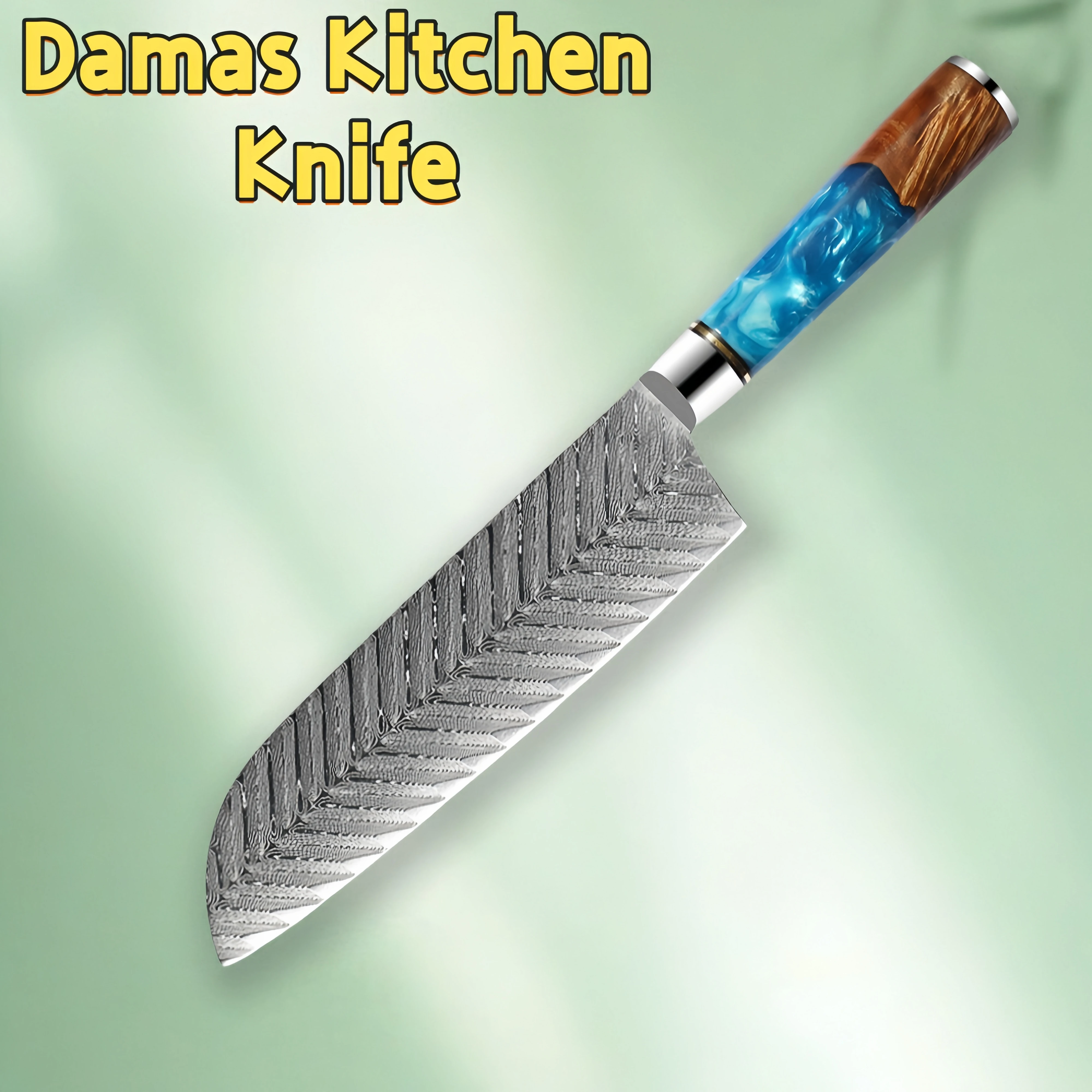 

Santoku Knife Damascus Japan VG10 Premium Blue Resin And Colored Wooden Handle Cooking Tools Cleaver Fishbone Chef's Knife