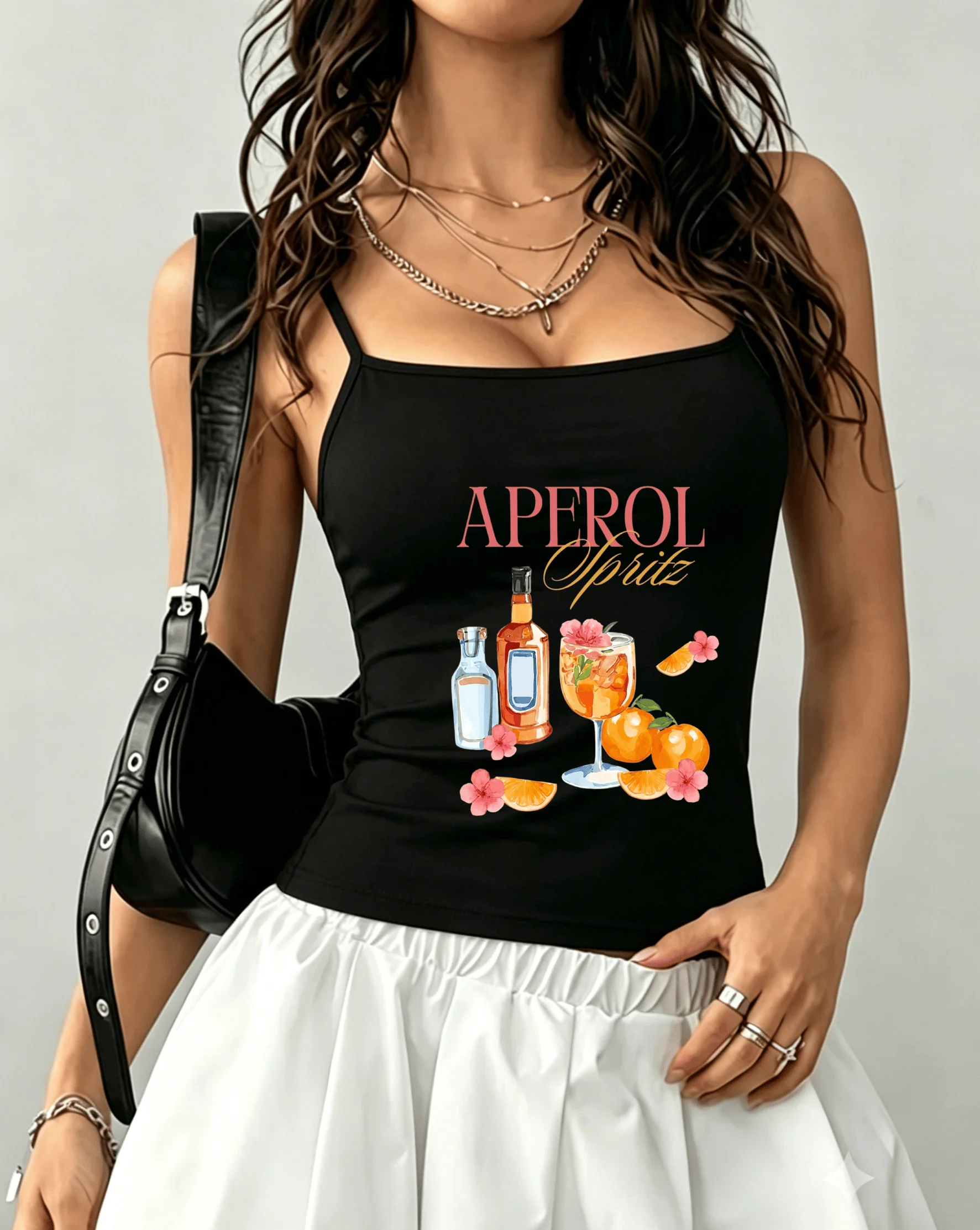 Women Aperol Spritz Cocktail Orange Print Spaghetti Strap Camisole Coquette Sleeveless Tank Top Summer Beach 2 Color Casual Vest