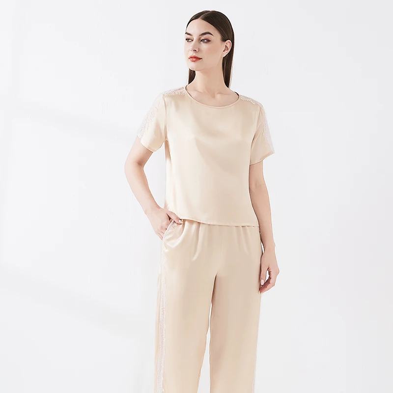 Heavy 100% Mulberry Silk Lace Trim Short Sleeve Top and Trousers Breathable Women Pajama Set Round Neck Nightwear Loose Pajamas