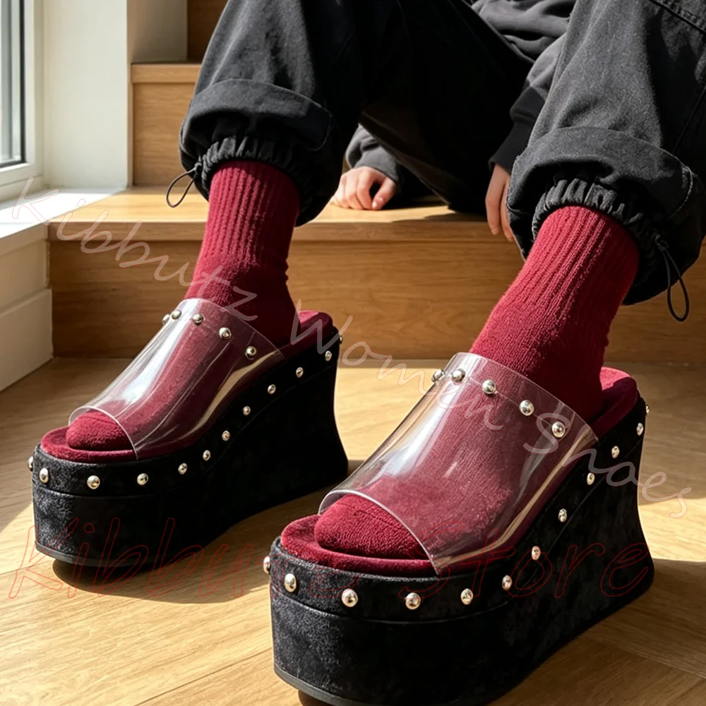 Clear Strap Platform Mules Slipper Rivet Slip On Open Toe Wedge Sandal Vintage Streetwear Daily Party Women Footwear Mixed Color