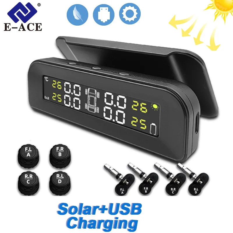 E-ACE Solar TPMS Car Colorful Digital Screen Tire Pressure Monitoring System Auto Security Alarm with 4 Sensors For Vehicles