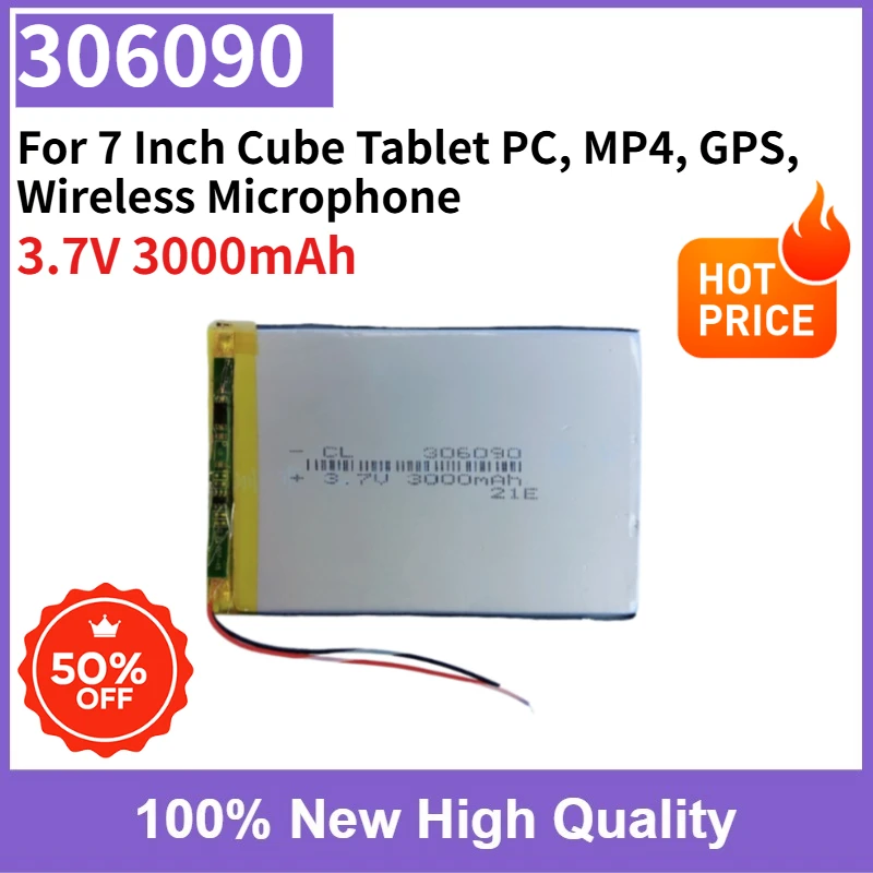 306090 3.7V 3000mAh Rechargeable Li-Polymer Battery for 7 Inch Cube Tablet PC, MP4, GPS, Wireless Microphone