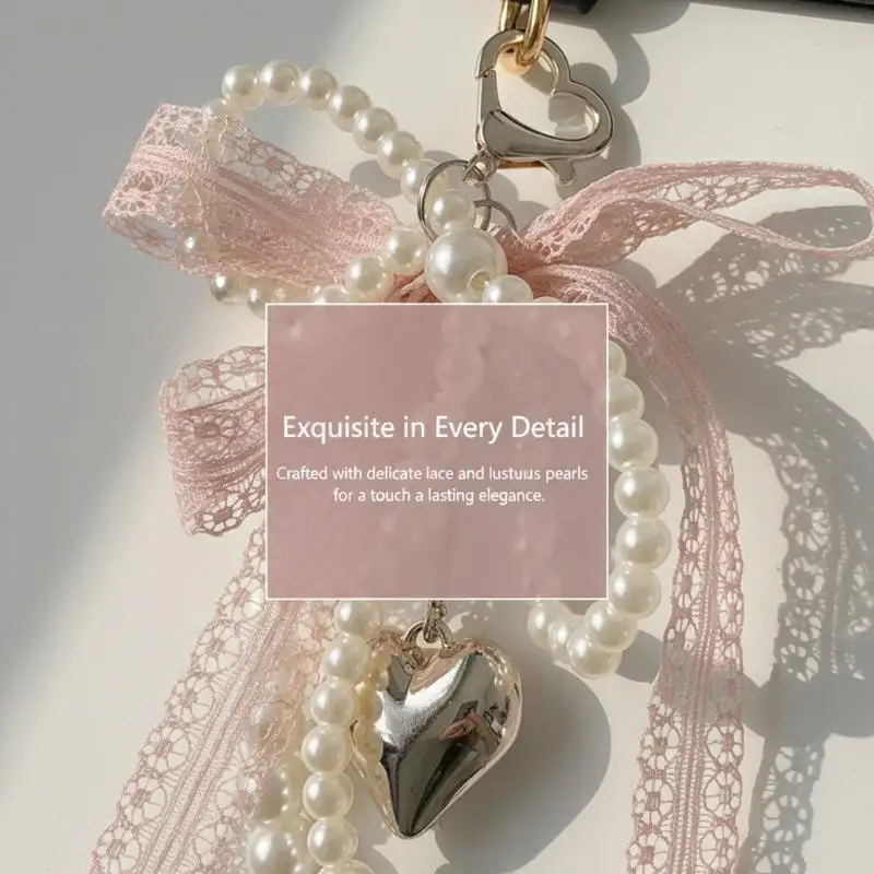 1Pcs Sweet Lace Bow Beaded Bow Keychain Phone Charm Strap Pendant For Phone Accessories Bag Hanging Cord For Women Girl