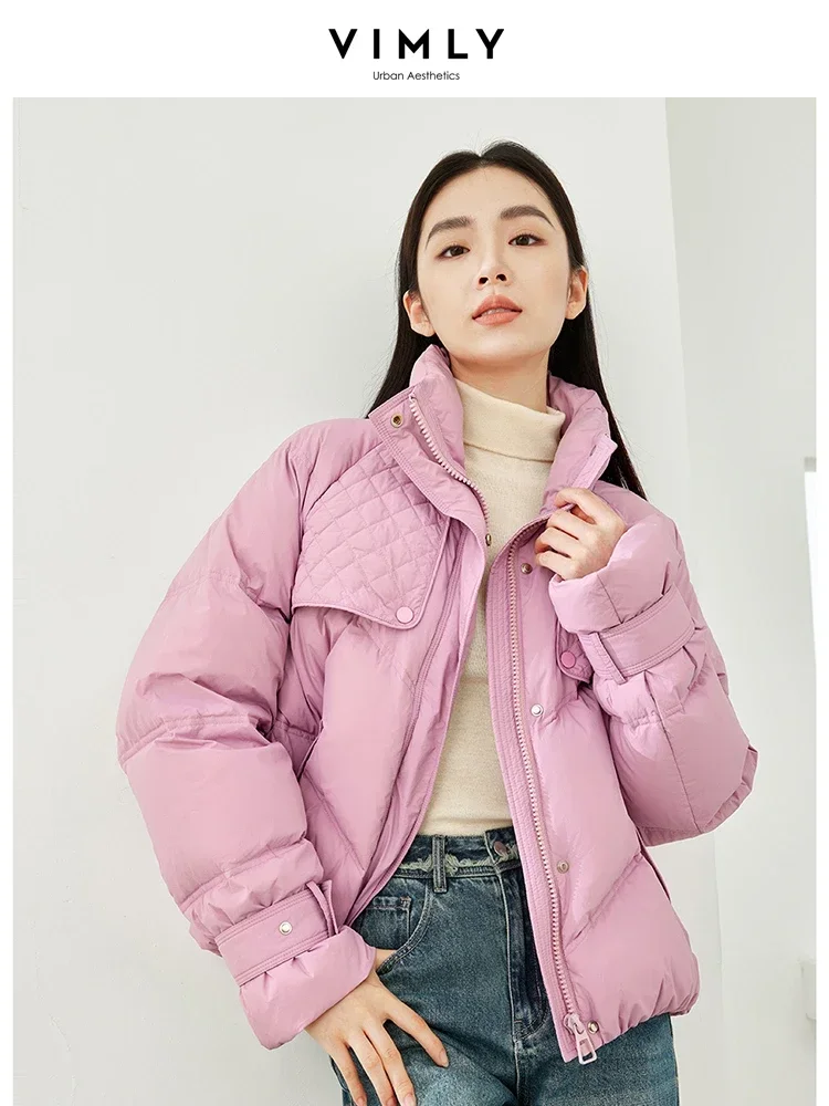 Vimly Stand Collar White Duck Down Coat Women 2023 Winter Thick Warm Argyle Cropped Puffer Down Jacket New in Outerwears 50635