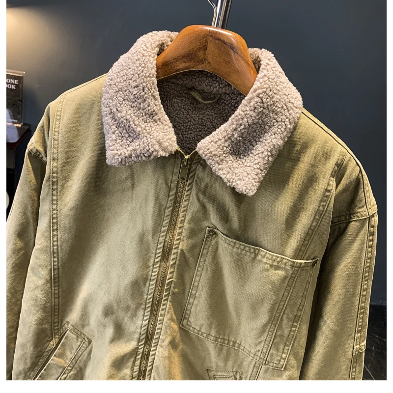 

Khaki casual fur collar jacket men's thick winter warm jacket with added fleece, fashionable thick men's clothing