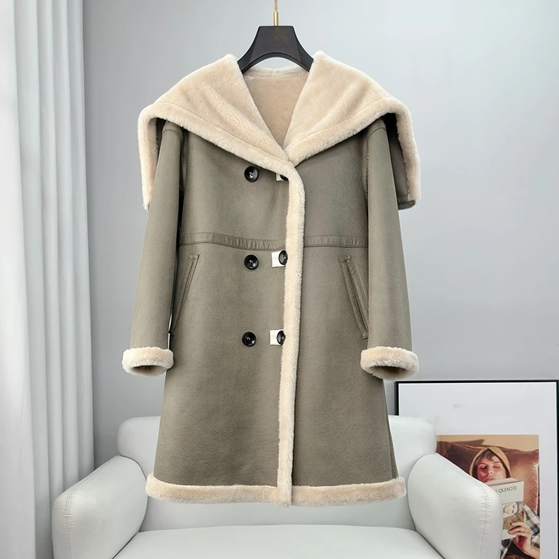 PUDI Two-sided Wearing Sheep Shearling Fur Coat Women's Medium-length 2024 Winter New Lamb Hair Hooded Jacket CT417