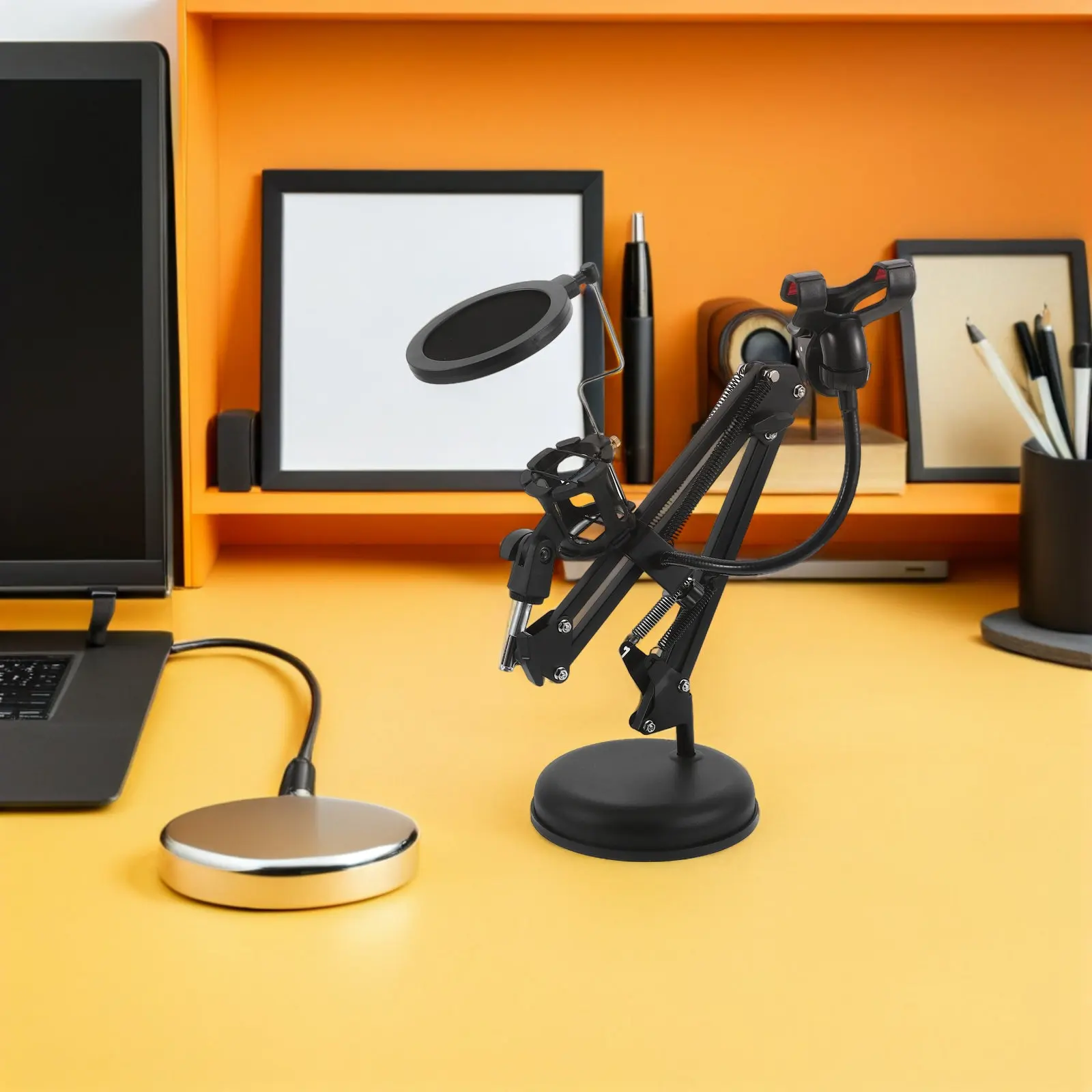 Adjustable Microphone Arm Stand Desktop Bracket Dual Device Support Phone Holder Clip Pop Filter Live Broadcast Studio Recording