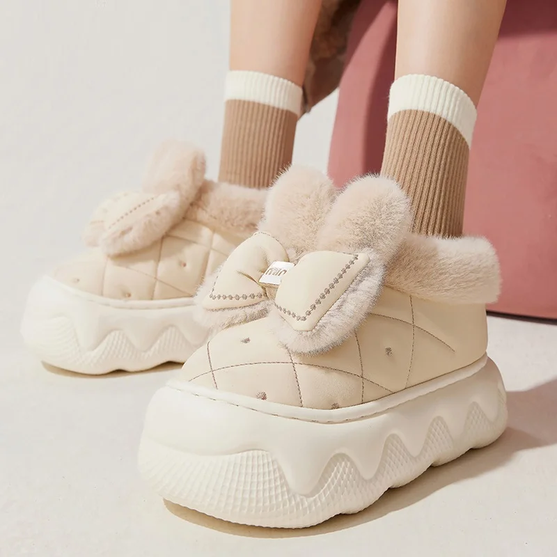 

Closed back rabbit high heel slippers women platform warm fluffy mules woman bunny bow furry slipper new elevator shoe pantuflas