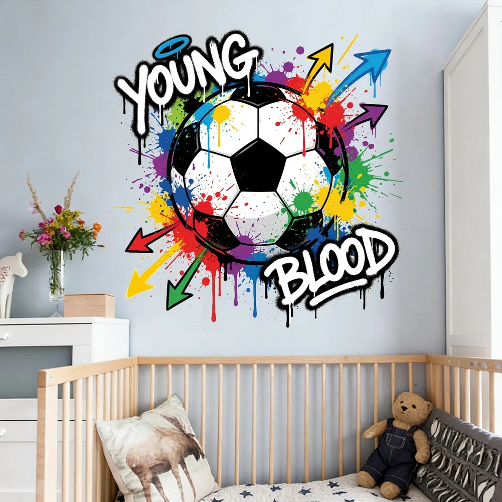 Soccer Themed Wall Decal Featuring Bold Ball Design with Energetic Arrows and Colorful Splatters for Childrens Spaces