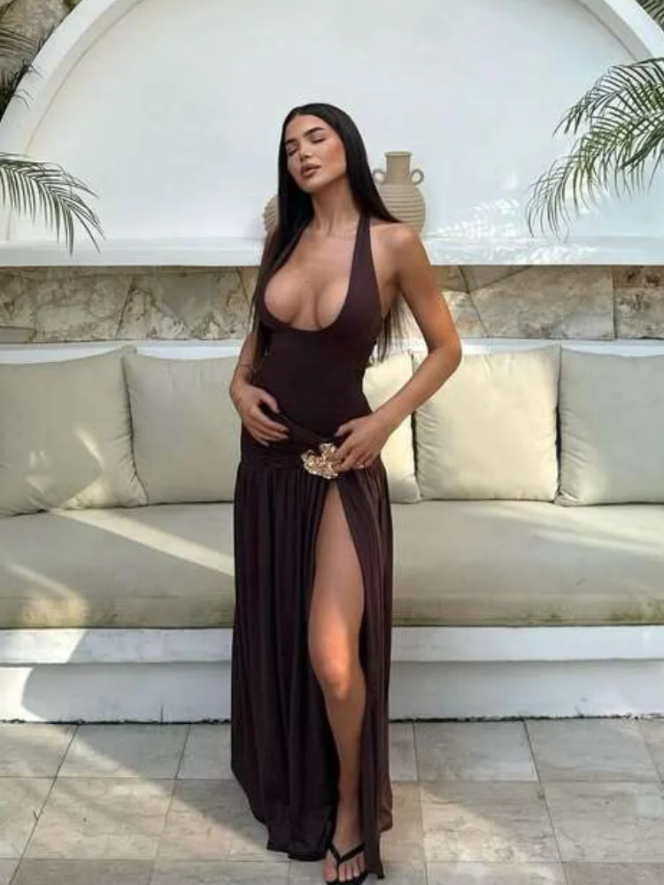 

Elegant White Slim Fit Halter Dress Women Deep V Split Backless Sleeveless Ruffle Bodycon Maxi Vestidos New Wedding Concert Gown