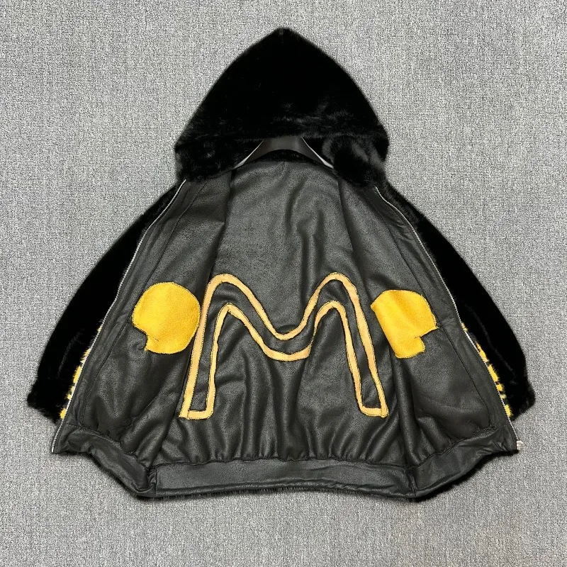 Winter 2025 New European Mink Velvet Color Block Hooded Casual Cartoon Pattern Zipper Jacket Women's Faux Fur Coat Furry Sweater