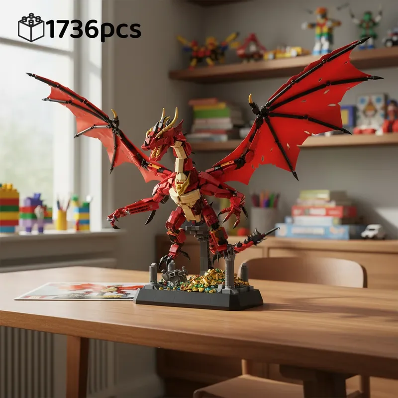

1736PCS Creative Glowing Red Dragon Building Blocks Model Mythical Fire Dragon Technical MOC Desk Decor Birthday Christmas Gift