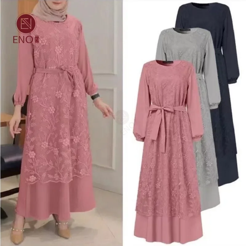 

Ramadan Abaya Turkey Women O-neck Lace Long-Sleeved Waist Loose Long Skirt Bridesmaid Dresses Moroccan Kaftan European Clothing