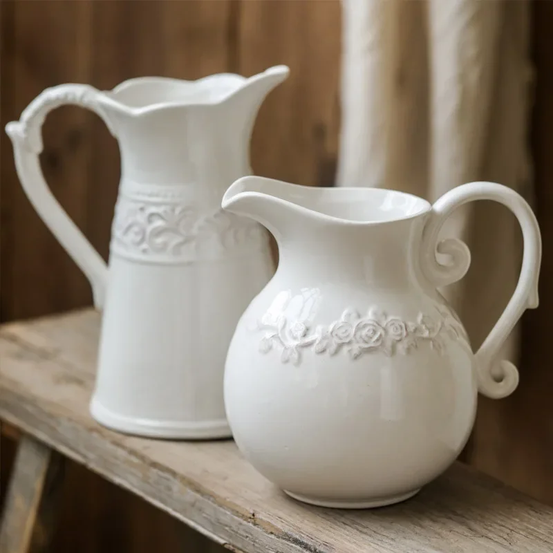 Embossed ceramic milk jug single ear niche white vase decoration living room flower arrangement ins wind French home decoration
