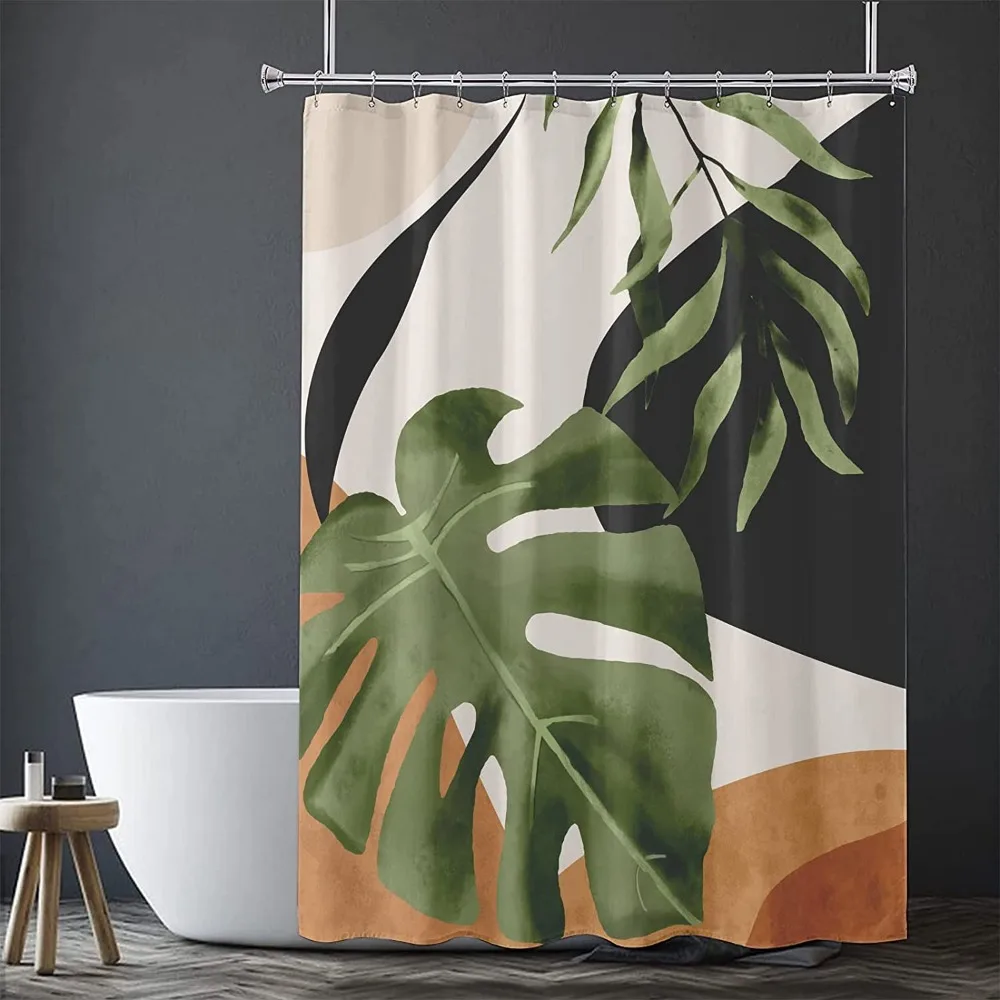 

Abstract Tropical Shower Curtain Plant Palm Leaf Botanical Curtains Polyester Fabric Bath Curtain Set with Hooks Bathroom Decor