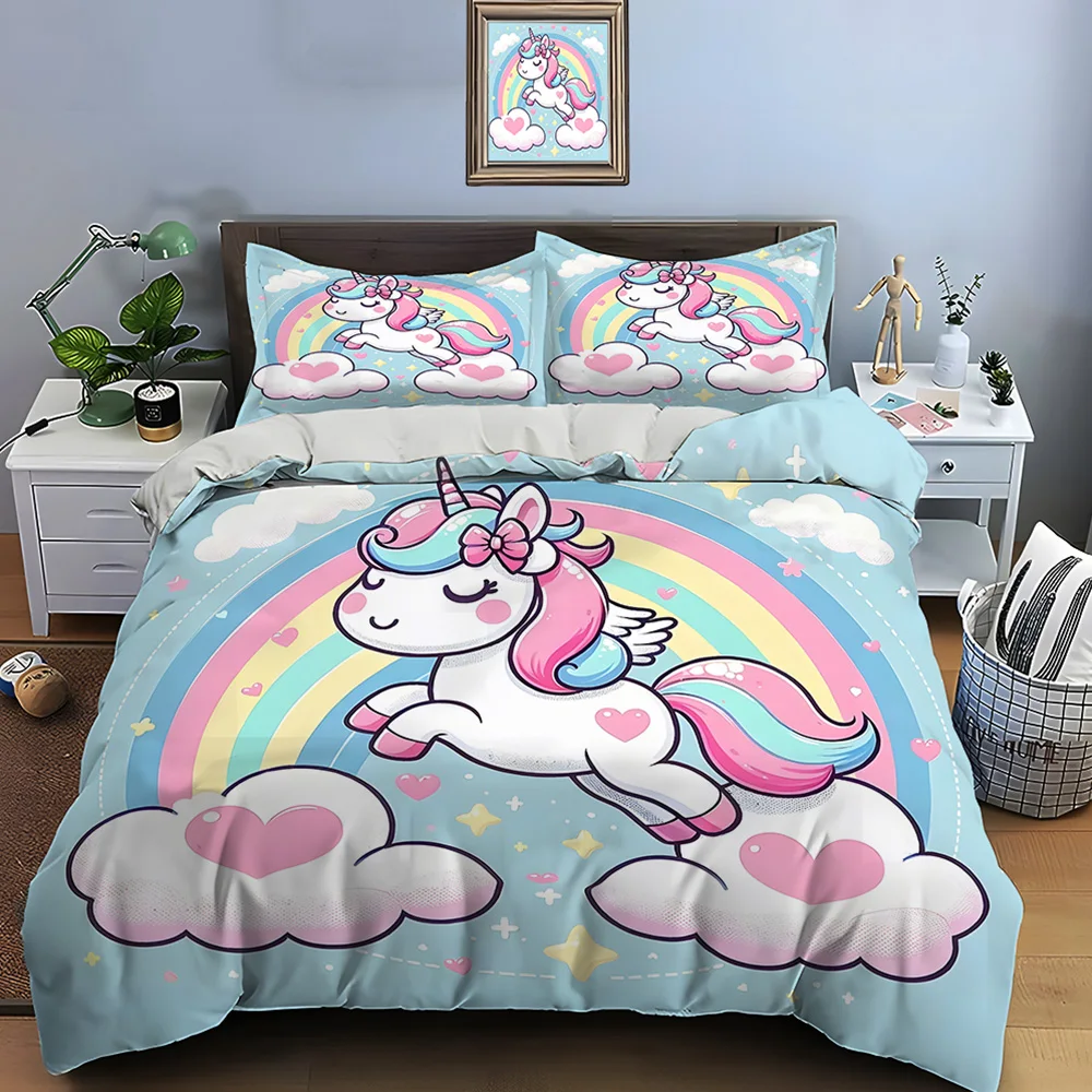 Cute Cartoon Unicorn Print Bedding Set Duvet Cover 1 Duvet Cover 2 Pillowcases Adult And Kids Bedding Set Luxury Holiday Gifts