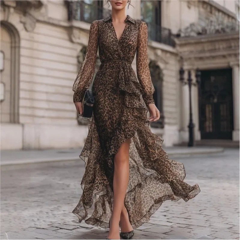 Vintage Leoparden-Rüschenkleid Damen Frühling Sommer V-Ausschnitt Langarm Elegantes Abendparty Polka Dot Kleid