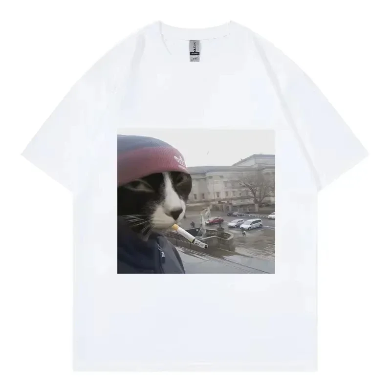 Funny Cat Smoking Cigarette Women Graphic T Shirts High Street Fashion Trend Short Sleeve T-shirt Unisex Casual Cotton T-shirts