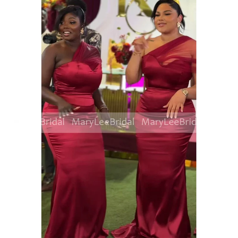 

Простые бордовые платья подружки невесты с русалкой для женщин, индивидуальные платья на одно плечо из тюля с ремешком, платья подружки невесты, платья de festa