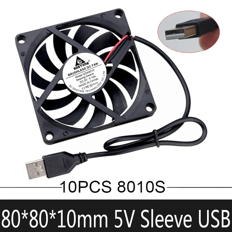 

10 Pieces/lot Gdstime 80mm USB 5V 80mmx80mmx10mm 8cm 8010 PC Brushless Axial DC Cooling Cooler Fan