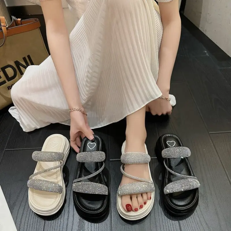 

Crystal Platform Flats Fashion Slippers Sexy Summer New Sport Sandals Luxury Heels Shoes Party Brand Women Shoes Ladies Slides