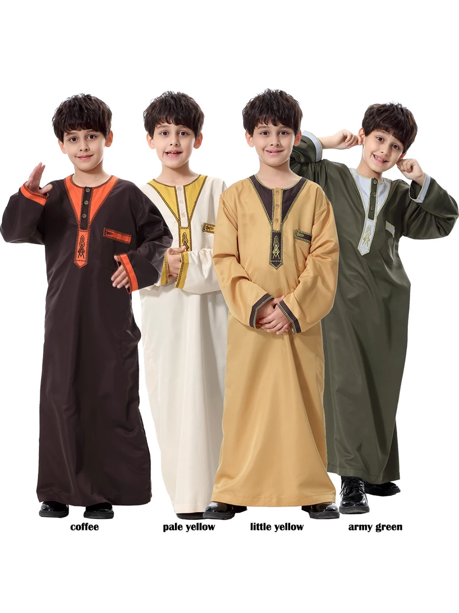 2023 New Muslim Boys Jubba Thobe Fashion O-neck Loose Kaftan Arabia Turkey Teenage Boy\'s Party Robe Middle East Kids Clothing