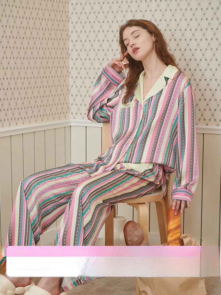 Wang Sulu Retro Striped Print Ice Silk Sleepwear Set Women's Summer Home Clothes Soft Loose Fit Short Sleeve Short Pants