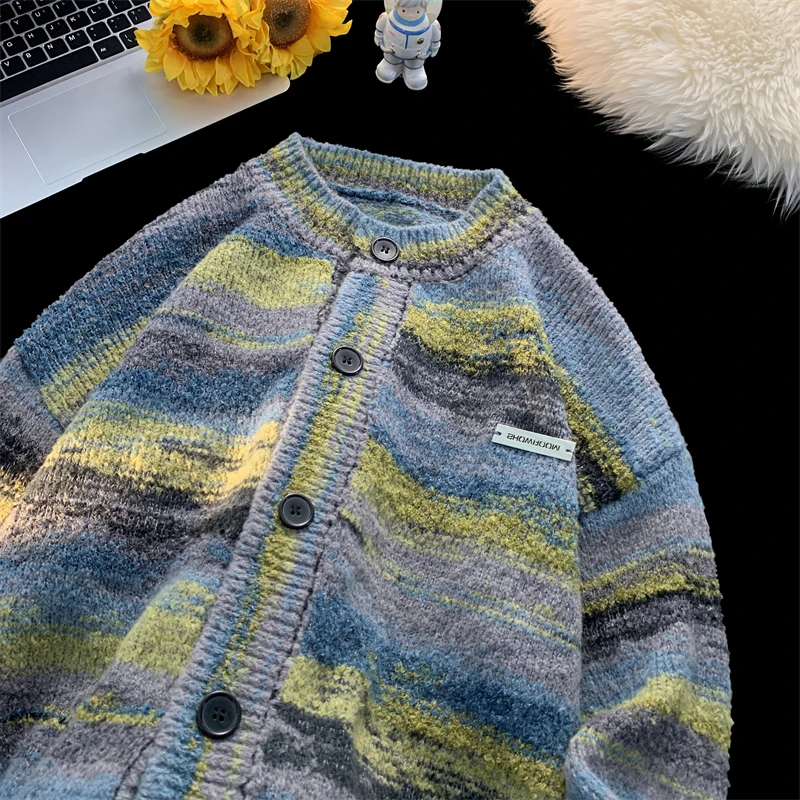 2024 Street Tie Dye Cashmere Sweater Cardigan Men\'s Trendy Contrast Single-Breasted Sweater Jumper Harajuku Cashmere Knitwear