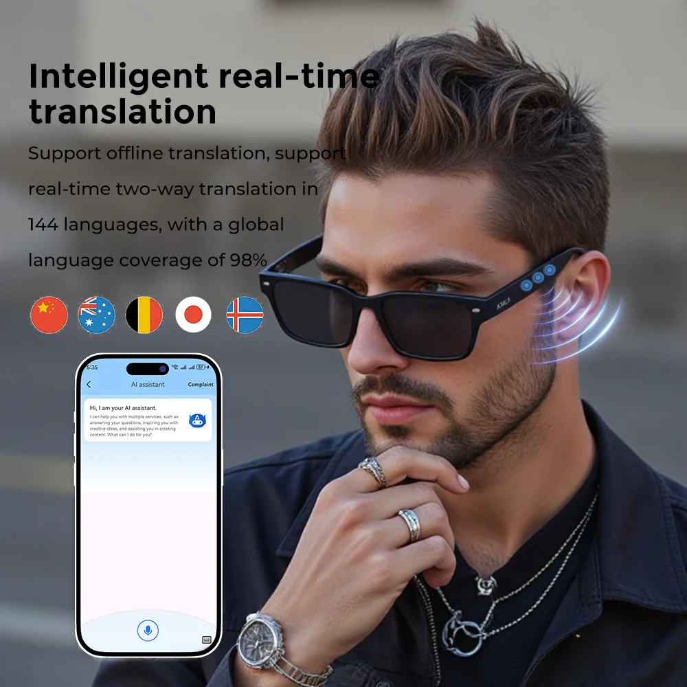 144-Language Real-Time Translator Earphones Sunglasses  AI Translation Glasses Headphone Sports Running Headsets With Microphone