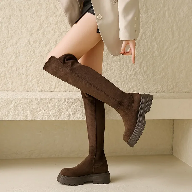 Trend Stretch Over-the-knee Boots Quality Ladies Shoes Winter New Warm Women's Boots Platform Booties Suede Round Toe High Heels