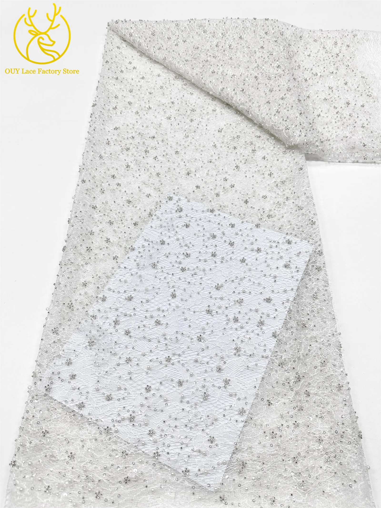 Kaffeebraune französische Tüllspitze mit Pailletten, 5 Yards, hochwertige afrikanische Spitze, nigerianischer Perlenstickerei-Spitzenstoff zum Nähen von Damen-Abendkleidern – Detail 17